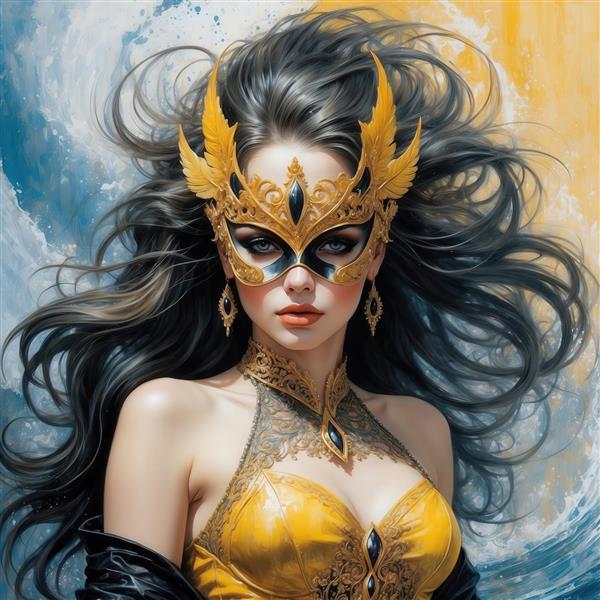 طرح زن مو سیاه با ماسک طلایی بالدار برای پوستر دیواری نشیمن