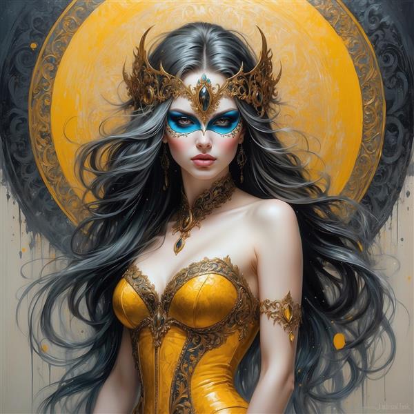 تصویر زن با تاج و ماسک طلایی و آبی فانتزی برای چاپ روی روتختی