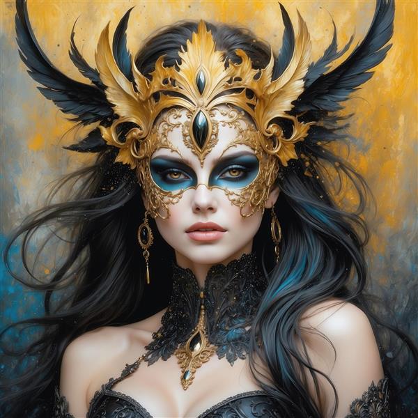 عکس زن مو سیاه با ماسک و تاج بالدار طلایی برای تابلو دکوراتیو