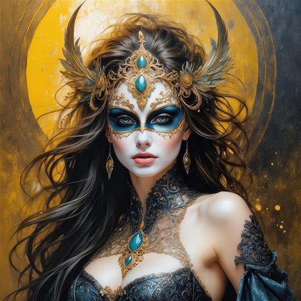 طرح زن مو سیاه با ماسک و تاج طلایی فیروزه‌ای برای چاپ روی ماگ
