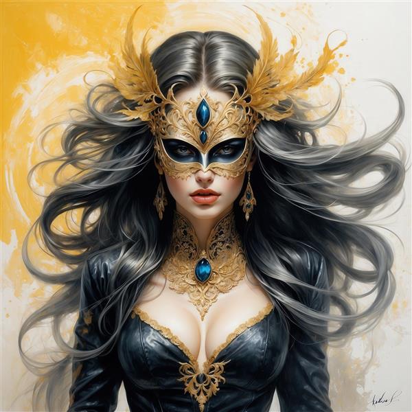 تصویر زن مو سیاه با ماسک طلایی و جواهرات آبی برای پوستر دیواری
