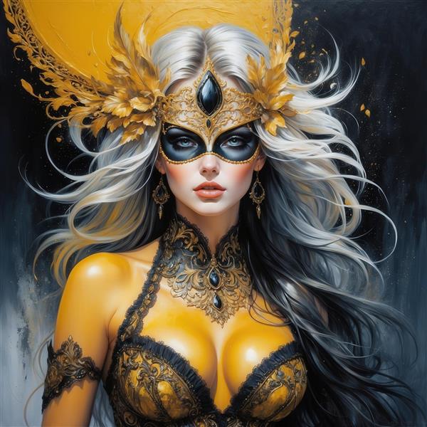 عکس زن مو سفید با ماسک سیاه و طلایی فانتزی برای چاپ روی پرده
