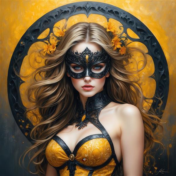 طرح زن مو بلوند با ماسک سیاه و طلایی فانتزی برای تابلو دکوراتیو