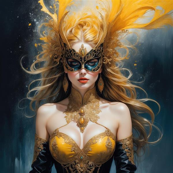تصویر زن بلوند با ماسک فانتزی مشکی و طلایی برای چاپ روی کوسن