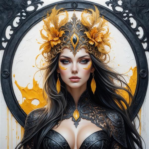 تصویر زن با تاج گل طلایی و لباس سیاه برای تابلو دکوراتیو لوکس