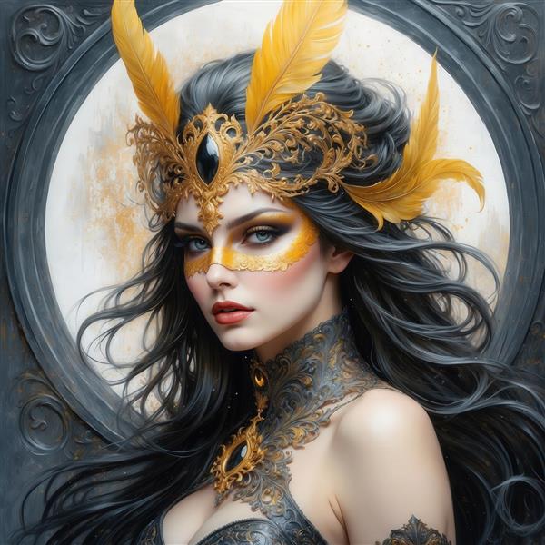 عکس زن با تاج طلایی و پرهای زرد فانتزی برای چاپ باکیفیت بالا