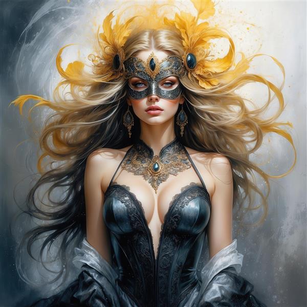 طرح زن بلوند با ماسک سیاه و پرهای طلایی برای پوستر اتاق خواب