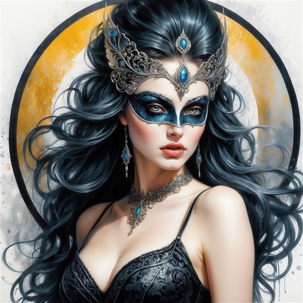 تصویر پرتره زن با ماسک و جواهرات آبی و نقره‌ای برای چاپ روی ماگ