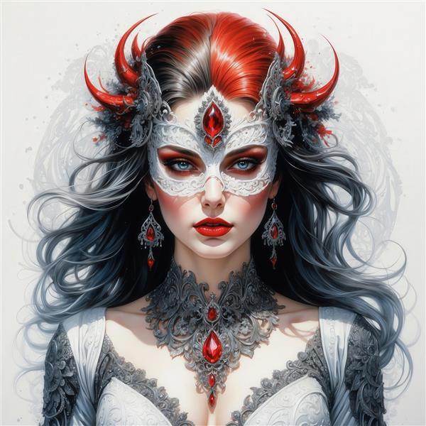 عکس زن با ماسک شاخدار سفید و جواهرات قرمز برای تابلو دکوراتیو