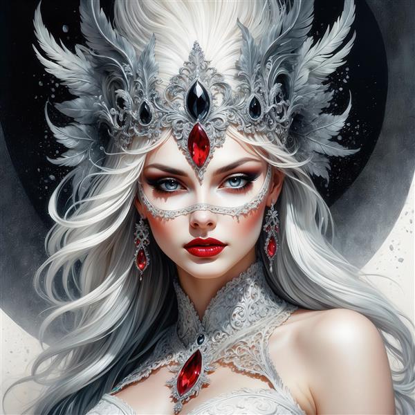 طرح ملکه برفی مو سفید با ماسک و جواهرات قرمز برای چاپ روی پرده