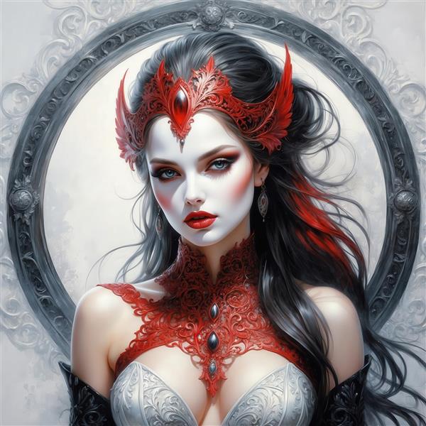 تصویر زن با تاج و لباس قرمز و سفید فانتزی برای پوستر دیواری سالن