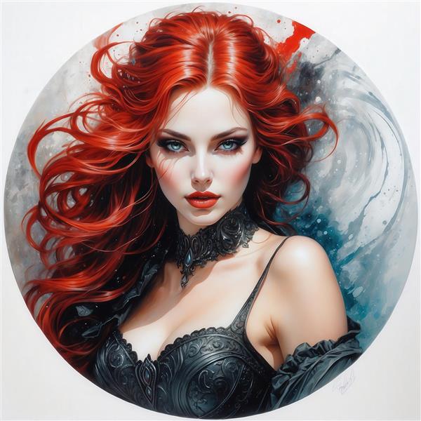 عکس پرتره زن مو قرمز با لباس مشکی فانتزی در کادر دایره‌ای