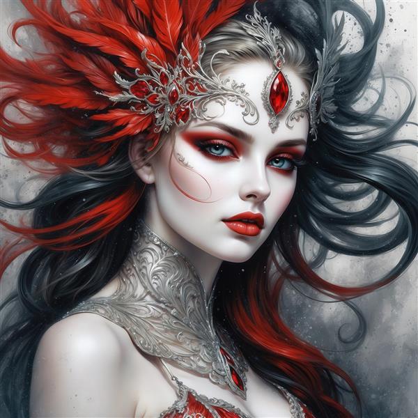 تصویر ملکه فانتزی سیاه و قرمز با پرهای آتشین برای تابلو دکوراتیو