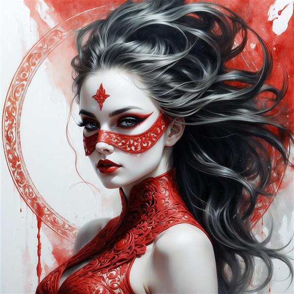 عکس زن با ماسک قرمز فانتزی و موهای خاکستری برای پوستر دیواری