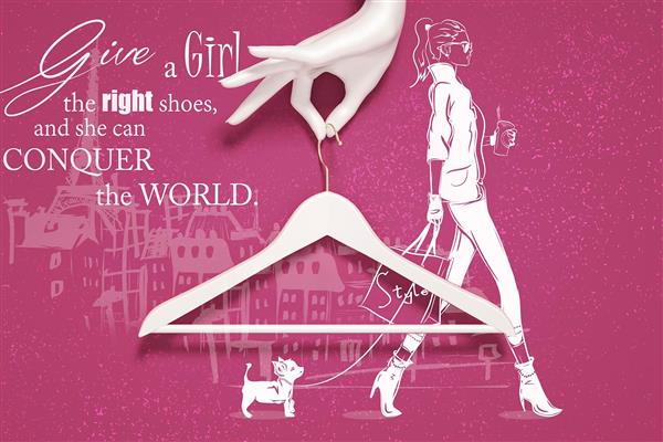 پوستر دیواری طراحی بوتیک و فشن زنانه با رنگبندی صورتی و نوشته های مرتبط