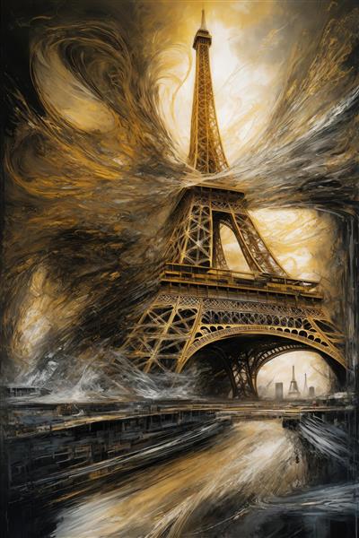 تصویر برج ایفل با ابرها و جریان‌های رنگی برای پوستر