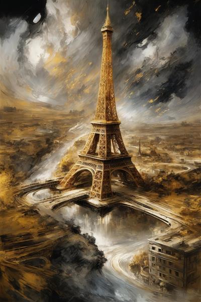 تصویر برج ایفل با ابرهای طلایی و مشکی برای چاپ پوستر