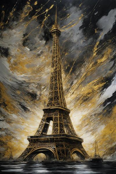 تصویر برج ایفل با ابرهای طلایی و قایق برای چاپ پوستر عمودی