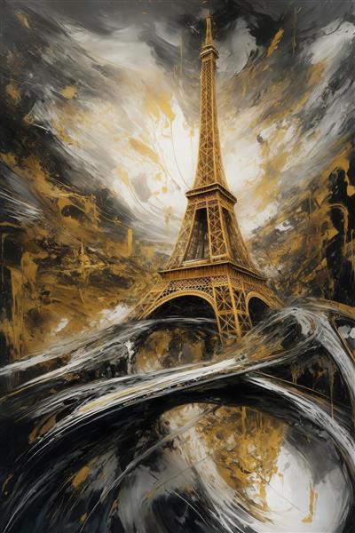 عکس برج ایفل با امواج تیره و بافت‌های آبستره طلایی برای تابلو