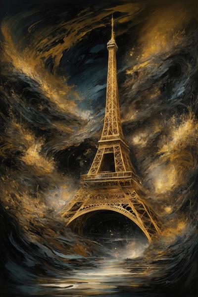 طرح برج ایفل با نورپردازی تیره و جریان‌های طلایی برای روتختی لوکس
