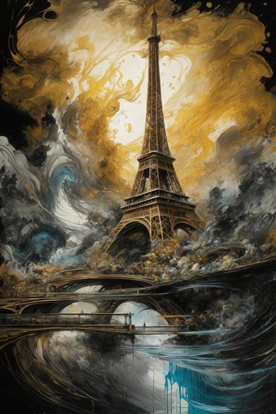 تصویر برج ایفل و پل با ابرها و جریان‌های رنگی برای پوستر باکیفیت
