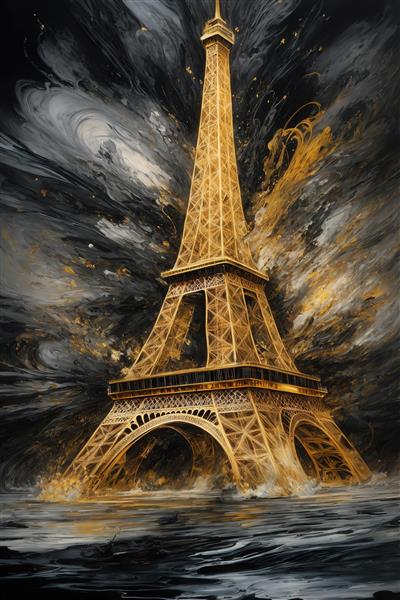 عکس برج ایفل با بافت خشن و طلایی در آب برای تابلو دکوراتیو