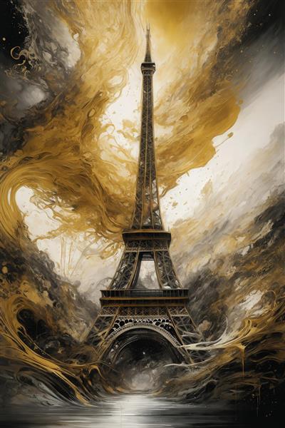 طرح برج ایفل با جریان‌های آبستره طلایی مشکی برای چاپ روی پرده