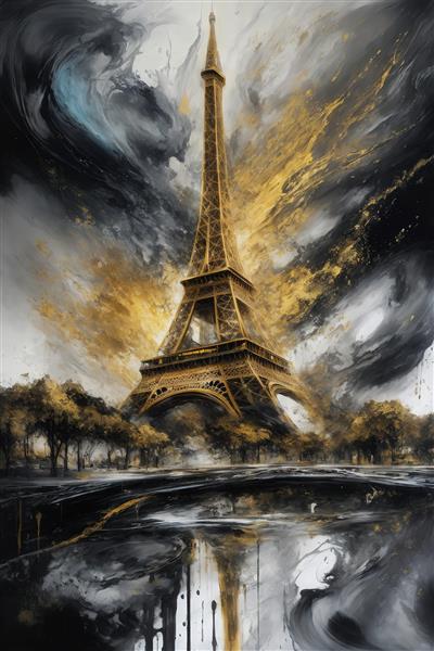 تصویر برج ایفل با درختان پاییزی و رگه‌های طلایی مناسب تابلو