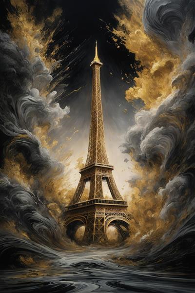 عکس برج ایفل با ابرهای متحرک طلایی و تیره مناسب پوستر سه‌بعدی