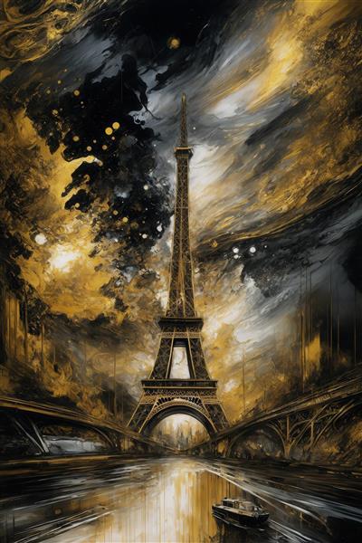 طرح برج ایفل در شب با نور طلایی و پل برای تابلو عریض پذیرایی