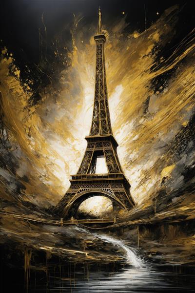 عکس برج ایفل با نورپردازی طلایی و جریان‌های رودخانه برای پوستر