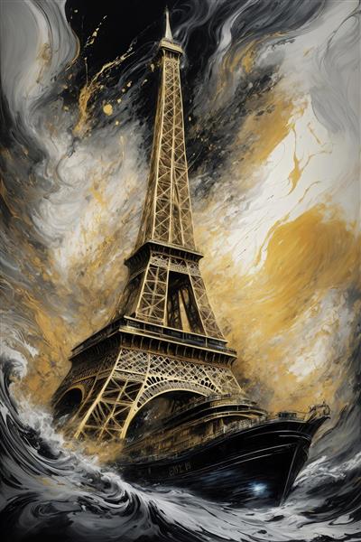 عکس برج ایفل با کشتی و امواج سهمگین برای چاپ تابلو دکوراتیو