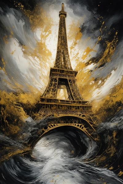 تصویر برج ایفل با بافت امواج و پاشش طلایی برای چاپ پوستر عمودی