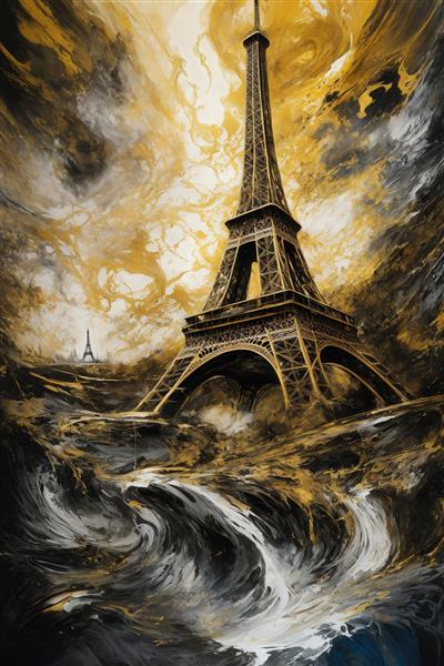 طرح برج ایفل با امواج تیره و رگه های طلایی مناسب چاپ پوستر عریض