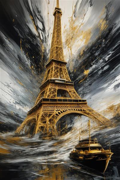 تصویر برج ایفل در میان امواج با کشتی لوکس برای چاپ پوستر