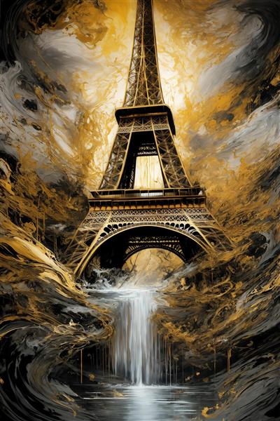 طرح برج ایفل با ریزش آب و رنگ طلایی مشکی برای تابلو دیواری