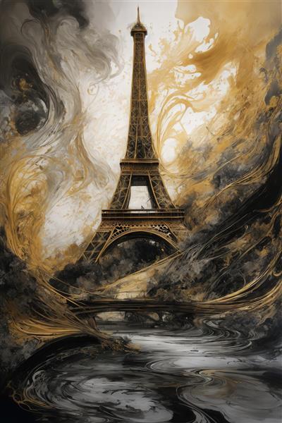 عکس برج ایفل لوکس با جریان‌های طلایی و تیره برای پرده و روتختی