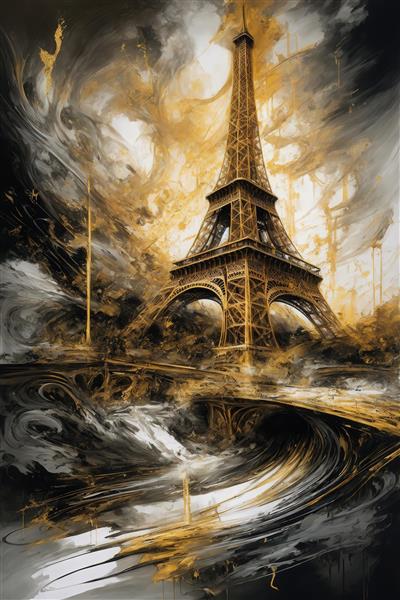 عکس برج ایفل آبستره با رنگ‌های طلایی مشکی برای چاپ روی پرده