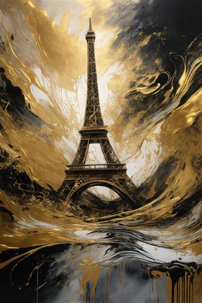 تصویر برج ایفل انتزاعی با رنگ‌های طلایی مشکی مناسب چاپ پوستر