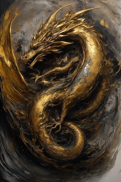 طرح اژدهای طلایی پرجزئیات بالدار با زمینه خاکستری برای تابلو