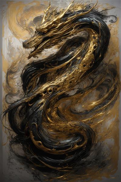 عکس اژدهای چینی طلایی تیره با سبک نقاشی برای چاپ پرده و کاغذ دیواری