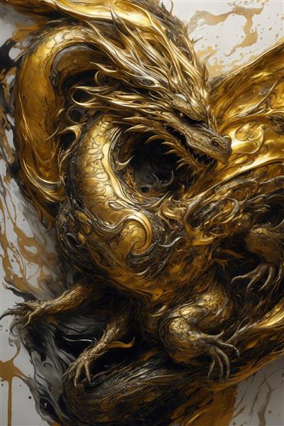 عکس اژدهای طلایی عظیم با بال و بافت برجسته برای تابلو دکوراتیو