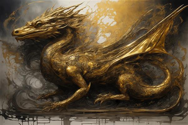 عکس اژدهای طلایی فانتزی بالدار مناسب چاپ پوستر دکوراتیو عریض