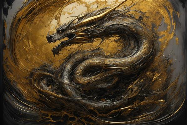 طرح باکیفیت اژدهای چینی لوکس با رنگ طلایی و مشکی برای تابلو
