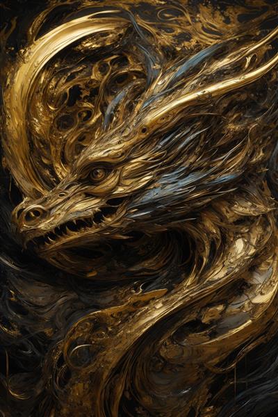 تصویر اژدهای طلایی سرکش با بافت هنری تیره برای چاپ روتختی و پرده