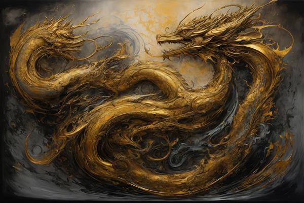 طرح هنری دو اژدهای طلایی با پس‌زمینه تیره برای پوستر دکوراتیو