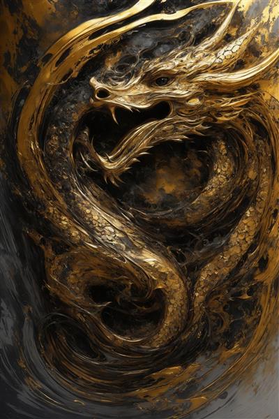 عکس اژدهای طلایی پیچیده در موج‌های مایع سیاه و خاکستری