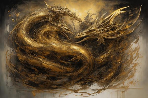 طرح دو اژدهای طلایی در حال مبارزه با مایع سیال تیره لوکس