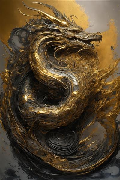 تصویر اژدهای طلایی و مشکی با پاشش مایع سیال لوکس و تیره