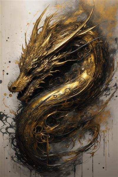 عکس اژدهای طلایی بزرگ با مایع مشکی در سبک آبستره عمودی